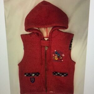 Red Hooded Sleeveless Zip Vest with Cartoon Patch